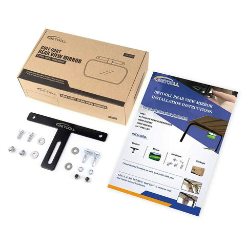 Extra Wide Panoramic Golf Cart Rear View Mirror installation kit with bracket, hardware, and instruction sheet displayed.