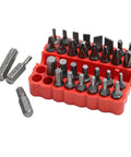 Solid 33 Piece Screwdriver Bit Kit Made From Tough 45# Steel Perfect For Torx Spanner Hex Star Driver Bits With Holder Rod For Your DIY Repair Jobs And Home Upgrade Projects In A Super Durable Gray Finish. 33-piece gray steel bit set in red holder, top view