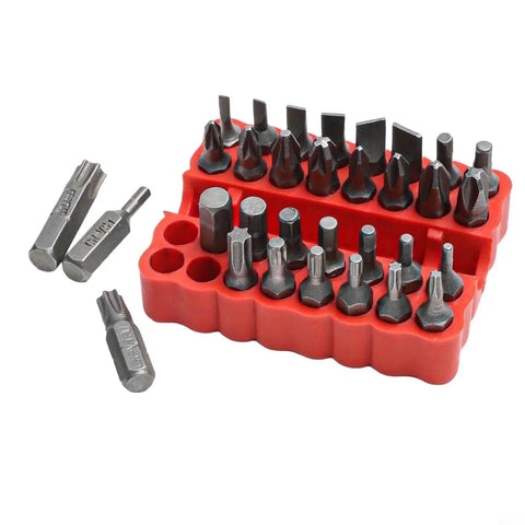 Solid 33 Piece Screwdriver Bit Kit Made From Tough 45# Steel Perfect For Torx Spanner Hex Star Driver Bits With Holder Rod For Your DIY Repair Jobs And Home Upgrade Projects In A Super Durable Gray Finish. 33-piece gray steel bit set in red holder, top view
