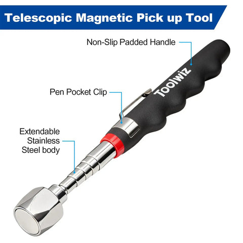 Telescopic magnetic pick up tool with non-slip handle and stainless steel body, part of the 17 Inch Rolling Magnetic Sweeper set.