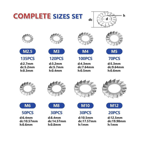 Beefy 555 Piece 304 Stainless Steel Lock Washer Set With External Tooth And Internal Tooth Serrated Washers For Anti Loosening And Vibration Resistance Heavy Duty Hardware Kit, M2.5-M12 sizes