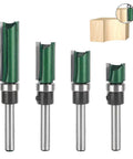 Heavy Duty Four Piece Flush Trim Router Bit Set With Top Bearing Quarter Inch Shank for template woodworking, showing sizes and design.