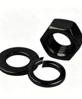 Black 304 Stainless Steel Hex Nut Assortment Kit M2 Through M20 with Flat and Spring Washers, rustproof finish.