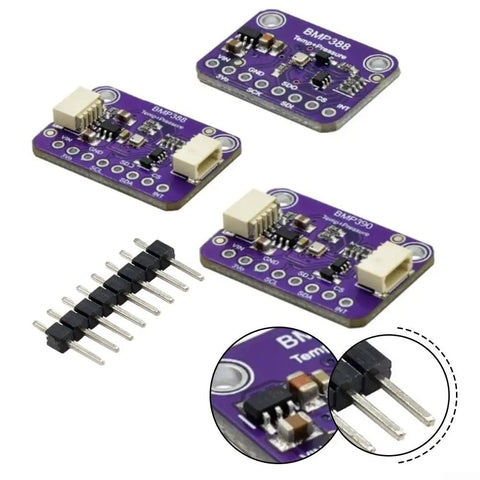 Barometric Pressure Sensor BMP388/BMP390 with I2C and SPI interfaces, showing dual-sensor PCB and connector pins.