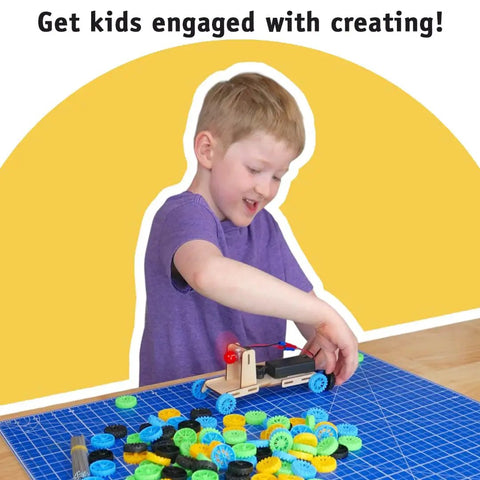 Child building with Bulk 100 Plastic Wheels And 50 Steel Axles Set For STEM Projects And DIY Cars And Crafts on a table.
