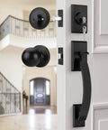 Matte Black Front Door Handle And Deadbolt Set With Reversible Knob Heavy Duty Exterior Door Lock Kit on white door