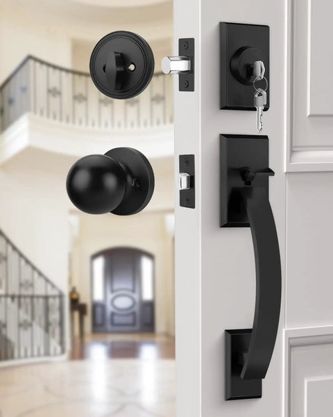Matte Black Front Door Handle And Deadbolt Set With Reversible Knob Heavy Duty Exterior Door Lock Kit on white door