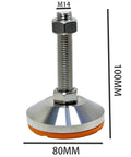 Badass Heavy Duty Adjustable Leveling Feet With M14 Threaded Lifting Nuts and Thick Carbon Steel Base Pads showing 100mm height and 80mm base.