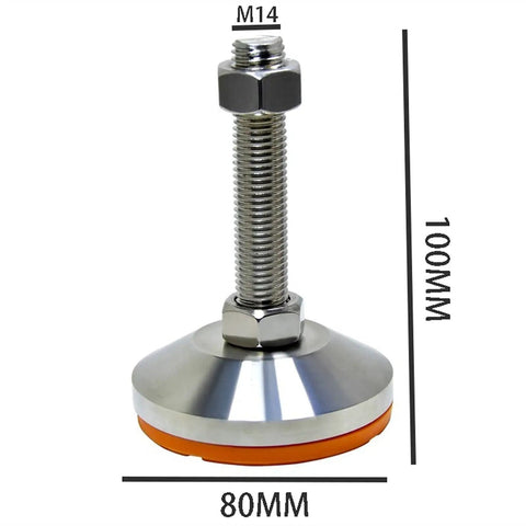 Badass Heavy Duty Adjustable Leveling Feet With M14 Threaded Lifting Nuts and Thick Carbon Steel Base Pads showing 100mm height and 80mm base.