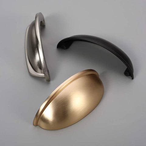 Brushed brass, silver, and black metal cabinet cup pulls showcasing design for 10 Pack Brushed Brass Cabinet Cup Pulls 3 Inch Center To Center Solid Metal Drawer Handles For Cabinets Doors Closets And Furniture Modern Kitchen Hardware Dope Look And Easy Install
