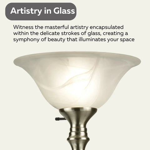 Close-up of the 72 Inch Torchiere Floor Lamp with Brushed Nickel Finish and White Alabaster Glass Shade for Living Room or Bedroom