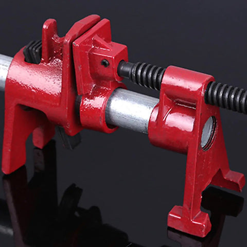 Heavy Duty 1/2 Inch Pipe Clamp Set With Rubber Padded Sleeves For Rock Solid Wood Glue Joints And Sturdy Frame Builds, red steel clamp detail.