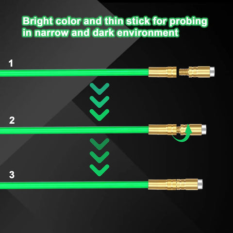 21 Feet Fiberglass Fish Tape Cable Rods Kit With Glow Rods And Hook Hole Set featuring brass connectors on green rods