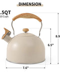 Stove Top 2.5 Quart Whistling Tea Kettle With Food Grade 18 8 Stainless Steel Wood Pattern Folding Handle Creamy White Finish
