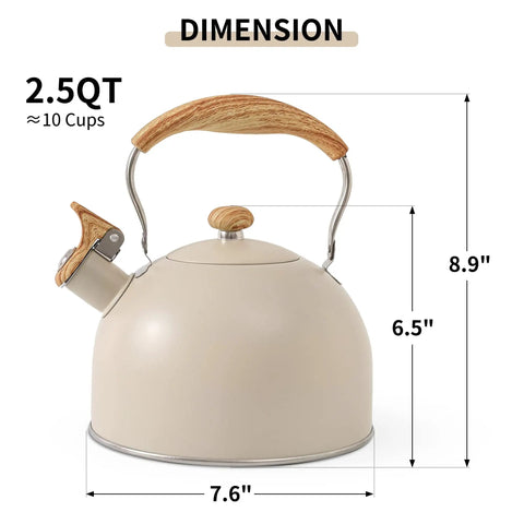 Stove Top 2.5 Quart Whistling Tea Kettle With Food Grade 18 8 Stainless Steel Wood Pattern Folding Handle Creamy White Finish