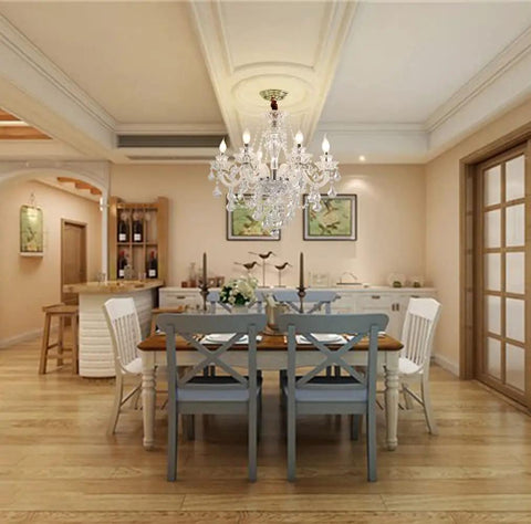 Dining room with Six Light Crystal Chandelier With K9 Clear Crystals, Modern Ceiling Pendant Lighting Fixture, 24 Inch Diameter