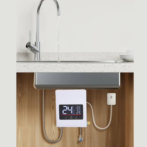 No Drama On Demand Hot Water Tankless Electric Water Heater With Slick Lcd Touchscreen Us Plug 110 Volt Compact Setup under kitchen sink.