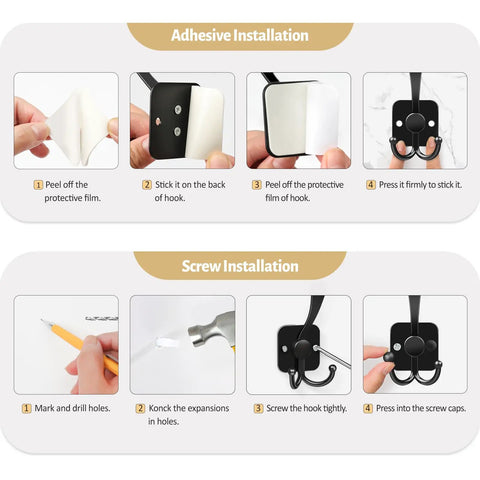 Installation guide for Wall Mounted Metal 3 Prong Coat Hooks Set With Self Adhesive And Screw Mount Dual Installation Options For Door Or Wall Black Finish 4 Pack DIY Friendly Entryway Hanger Hooks