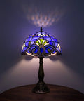 Blue Tiffany Style Table Lamp with handcrafted stained glass shade, vintage nightstand desk light, bronze finish, 18 inch tall