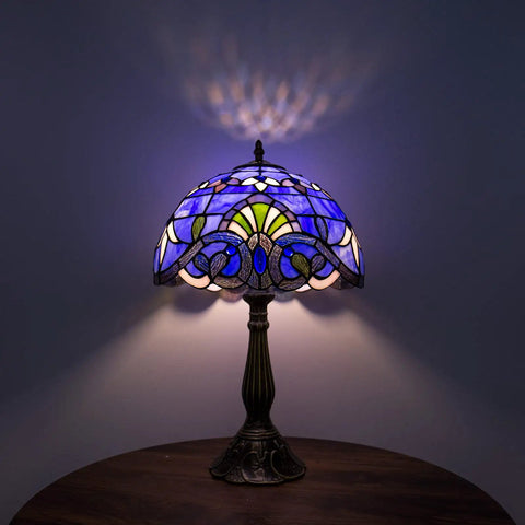 Blue Tiffany Style Table Lamp with handcrafted stained glass shade, vintage nightstand desk light, bronze finish, 18 inch tall