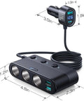 7 In 1 Cigarette Lighter Car Charger With 179W Total Power, 4 USB Ports And 3 Lighter Sockets, dimensions shown