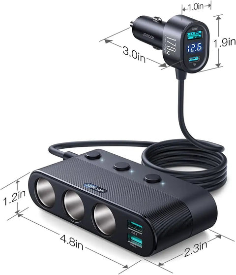 7 In 1 Cigarette Lighter Car Charger With 179W Total Power, 4 USB Ports And 3 Lighter Sockets, dimensions shown
