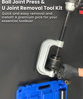 Front view of SIXIWANZI automotive ball joint press and U-joint removal kit (10-piece) with silver clamp and blue case.