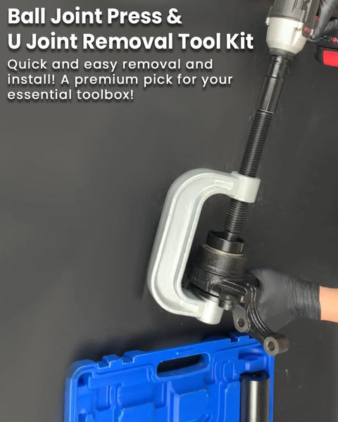 Front view of SIXIWANZI automotive ball joint press and U-joint removal kit (10-piece) with silver clamp and blue case.