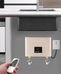 3000W Electric Tankless Water Heater With LED Display And Instant Hot Flow mounted under a kitchen sink, showing aluminum build and digital display.