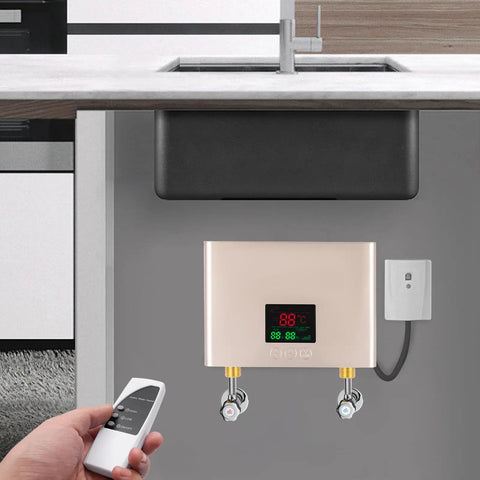 3000W Electric Tankless Water Heater With LED Display And Instant Hot Flow mounted under a kitchen sink, showing aluminum build and digital display.