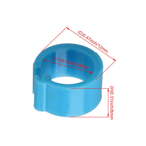 Close-up of blue pigeon leg band showing dimensions, part of 100 Pcs Pigeon Leg Bands 8mm Blue Identification Clip Rings Plastic Bird Markers