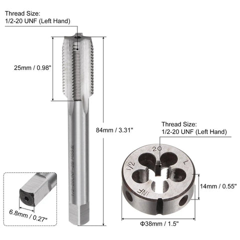 Tap And Die Set 1/2-20 UNF Left Hand Thread Tap And Die Kit For Nut, Screw, And Bolt Repair with dimensions and materials visible