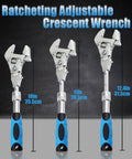 Three Adjustable Wrench With Flexible Head, 10 To 12.4 Inch Retractable Ratchet Crescent Tool, 180 Degree Rotatable Head For Tight Spaces And Pipe Repair, Dual Mode For DIY Home Auto Shop Fixes, shown in different sizes against a black background.