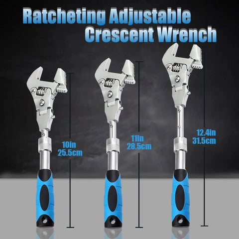 Three Adjustable Wrench With Flexible Head, 10 To 12.4 Inch Retractable Ratchet Crescent Tool, 180 Degree Rotatable Head For Tight Spaces And Pipe Repair, Dual Mode For DIY Home Auto Shop Fixes, shown in different sizes against a black background.