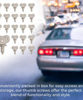 Quick Install License Plate Thumb Screws Size Fourteen One Quarter Inch By One Half Inch With One And One Eighth Inch Overall Length No Tools Needed Silver Car Mounting Hardware For Vehicles Fifty Count displayed next to car.