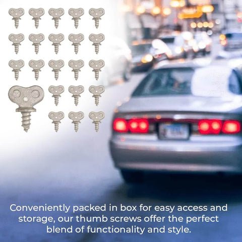 Quick Install License Plate Thumb Screws Size Fourteen One Quarter Inch By One Half Inch With One And One Eighth Inch Overall Length No Tools Needed Silver Car Mounting Hardware For Vehicles Fifty Count displayed next to car.