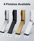Heavy Duty Kickdown Door Stopper For Bottom Of Door, showing silver, black, gold, and white finishes on a sleek wall guard.