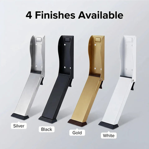 Heavy Duty Kickdown Door Stopper For Bottom Of Door, showing silver, black, gold, and white finishes on a sleek wall guard.