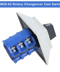 63 Amp Rotary Changeover Cam Switch With Exterior Master Box, industrial-grade 3-position, 3-phase 660V selector, side view.