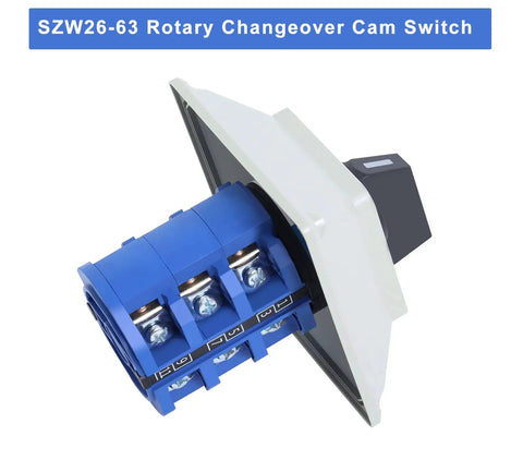 63 Amp Rotary Changeover Cam Switch With Exterior Master Box, industrial-grade 3-position, 3-phase 660V selector, side view.