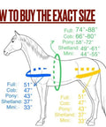 Sizing guide for Three Tone Leather Horse Driving Harness For Single Horse Cart with measurements for Shetland size.
