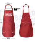 Star Baker Apron For Amateur Bakers with measurements, front and back view, red with drawstring closure, soft cotton poly blend