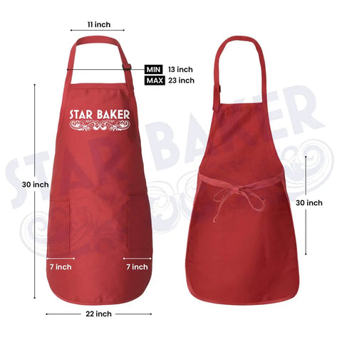 Star Baker Apron For Amateur Bakers with measurements, front and back view, red with drawstring closure, soft cotton poly blend