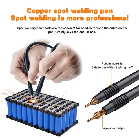 Hands using copper spot welding pen on battery pack with Portable Spot Welder With 1.8 Inch LCD Screen Dual Pulse Welding Machine for 18650 Battery Packs and Cylindrical Cells
