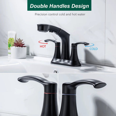 Pull-Down Lavatory Faucet For 3-Hole Vanity 4-Inch Centerset Matte Black Dual-Handle Design Easy Install Three Modes Stream Spray Pause With Splash-Reducing Bubble Or Powerful Rainfall Modern Dope Bath Upgrade
