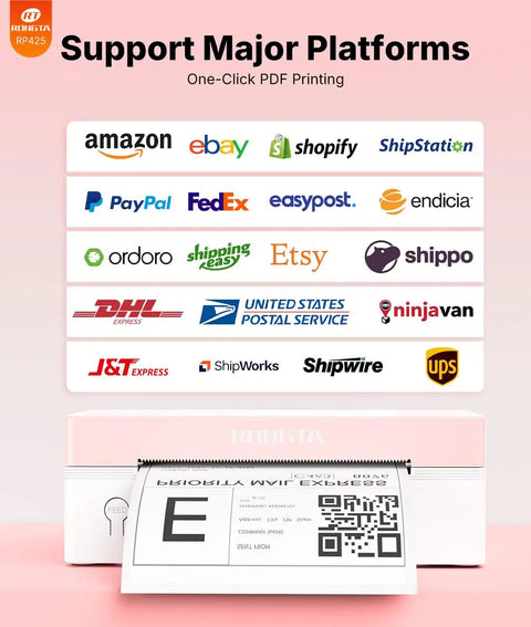 4x6 Bluetooth Thermal Label Printer For Shipping Labels And Small Business Use Wireless Printing For Packages At Home Or Office Compatible With iPhone Android iPad MacOS Windows Via Bluetooth Or USB No Ink Pink displaying supported platforms