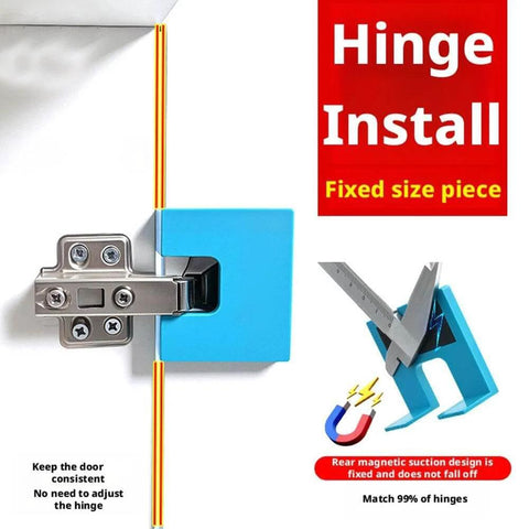 Two Pack Adjustable Door Hinge Jig Router Template Installation Kit With Magnetic Locking For Drill Free Setup Precision 2mm Calibration Door Jamb Hinge Jig Carpenter Mortise Tool Latch Installation For Doors Cabinets And Drawers DIYers Will Love shown installed on door with blue template and hinge, demonstrating magnetic locking precision.