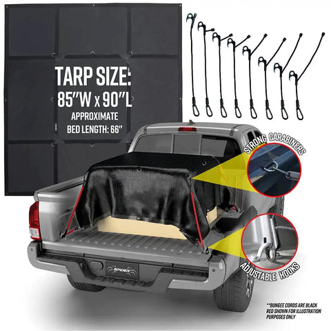 Heavy Duty Bed Tarp For Pickup Trucks With Waterproof Cargo Net Cover And Detachable Quick Adjust Tie Downs No Knots Or Buckles Paint Safe Fits Short Beds 5 Foot 6 Inch And Trailers showing tarp and attachment hooks on truck bed
