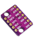 Close-up of BMI160 6 Axis IMU Module Gyroscope Accelerometer for Arduino Nerds I2C and SPI, purple circuit board with connectors.