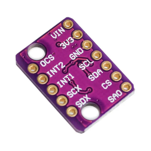 Close-up of BMI160 6 Axis IMU Module Gyroscope Accelerometer for Arduino Nerds I2C and SPI, purple circuit board with connectors.